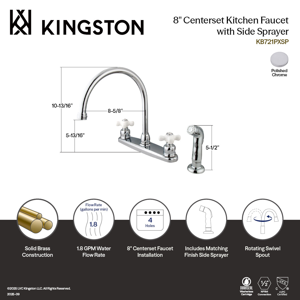 Kingston Heirloom KB721PXSP - Vintage Two-Handle 4-Hole 8" Centerset Kitchen Faucet with Side Sprayer, Polished Chrome — thumbnail 2